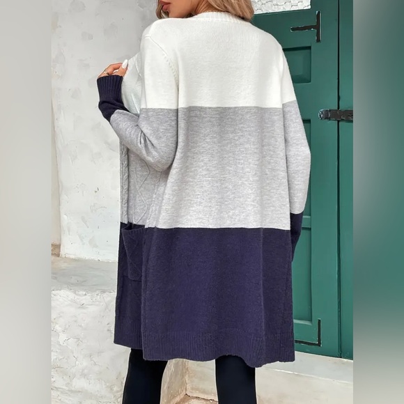 New Cozy Longline Cardigan Chunky Knit Colorblock Long Sleeves White Gray Navy - Picture 2 of 16